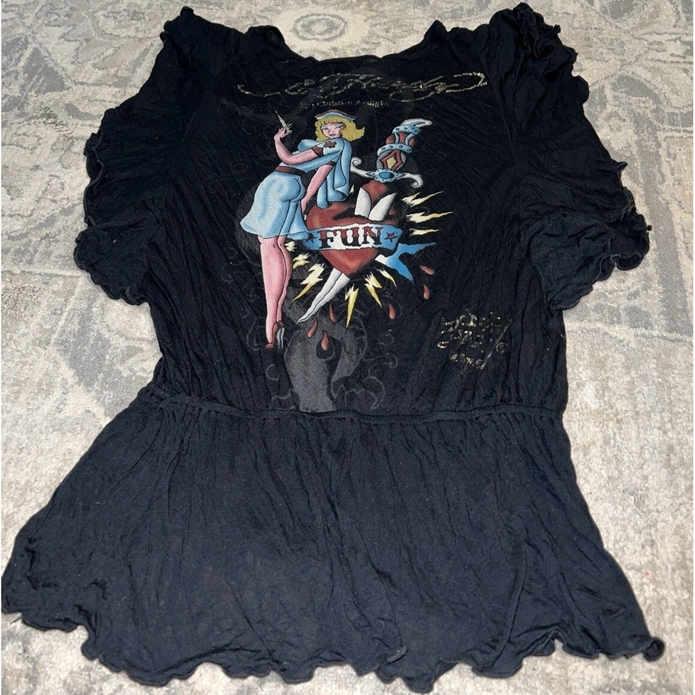 Ed Hardy Shirt Women's Size Medium Elastic Waist Black Ruffle Winged Sleeves‎